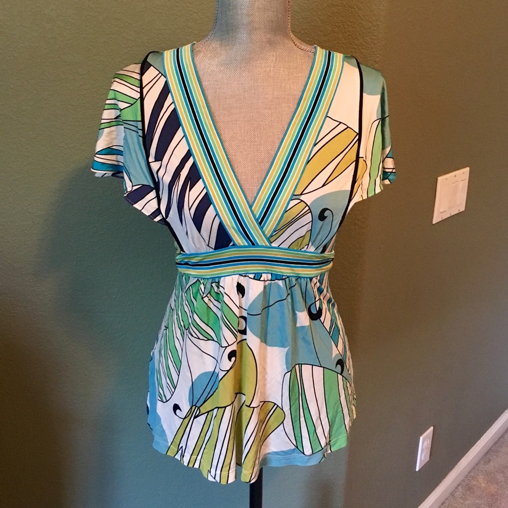 Last Chance! BCBG Fun Abstract Tie Waist Blouse